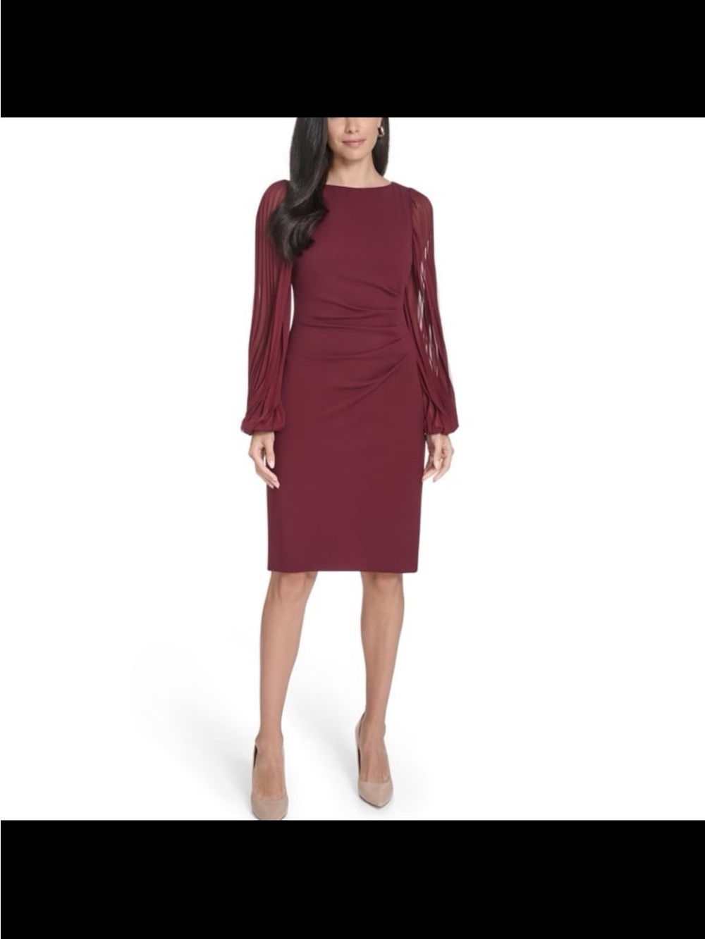 Jessica Howard Burgundy Long-Sleeve Pleated-Sleeve Sheath Dress